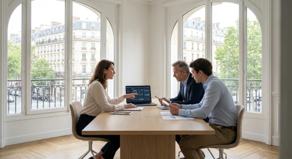 Groupe de trois à quatre professionnels d'âges variés assis autour d'une table de réunion moderne dans un bureau lumineux, discutant et examinant ensemble des documents ou un écran d'ordinateur portable affichant des graphiques et données. L'atmosphère est collaborative et concentrée, reflétant une séance d'accompagnement opérationnel à l'intégration de solutions d'IA en entreprise.