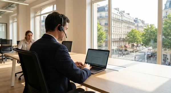 Photographie professionnelle montrant un professionnel ou une équipe en train de suivre une formation en ligne depuis un espace de travail moderne. La personne est assise à un bureau avec un ordinateur portable, écouteurs ou casque, dans un environnement de bureau lumineux et contemporain. L'image doit transmettre l'accessibilité de la formation à distance, l'engagement dans l'apprentissage, et la fluidité de l'intégration de l'IA dans les processus professionnels. L'arrière-plan peut montrer un environnement d'entreprise ou un bureau ergonomique, mettant l'accent sur la formation digitale et la continuité territoriale sans frontières physiques.