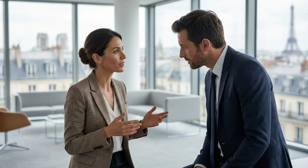 Deux professionnels en tenue professionnelle engagés dans une conversation face-à-face intense, l'un semblant écouter activement tandis que l'autre communique avec assurance et clarté. Environnement de bureau moderne avec mobilier discret en arrière-plan. L'image doit mettre l'accent sur la communication interpersonnelle, l'engagement et la relation de vente, illustrant les principes de persuasion et d'influence au cœur de la méthode DISC.